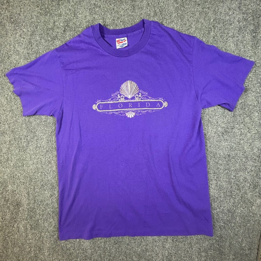 Vintage Hanes Heavyweight Florida Seashell Graphic T-Shirt Purple Mens Large
